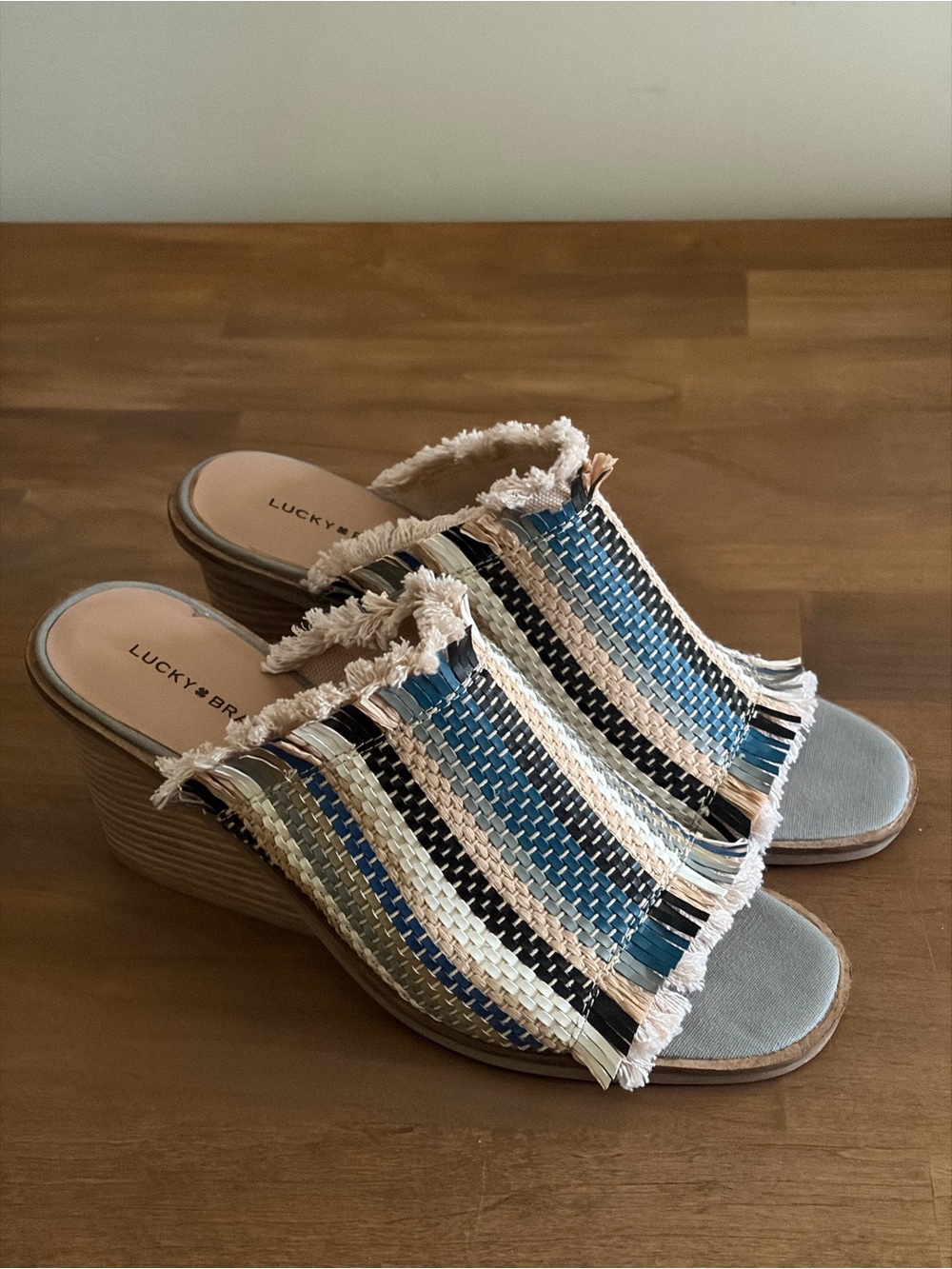 Lucky Brand Leyshia Woven Fringe Wedge Mule Slide Sandals Multi Size 9.5M